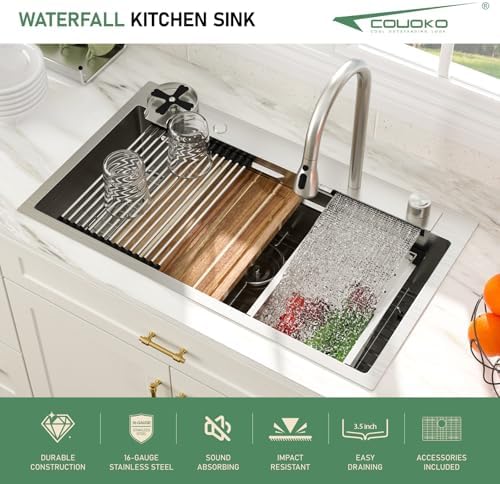 33 Inch Drop In Workstation Waterfall Kitchen Sink with Accessories - Image 3