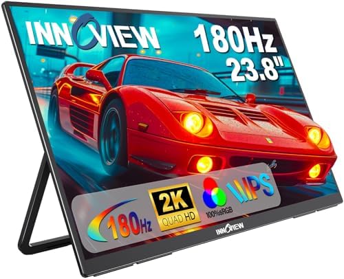 2K 180Hz Portable Gaming Monitor, 23.8" 2560x1440 QHD Fast IPS ∆E<2 100% sRGB Portable Monitor w/180° Adjustable Stand Type-C HDMI Eye Care External Second Screen for Laptop Phone PS4 PS5 Switch Xbox by InnoView