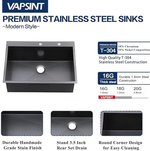 VAPSINT 28x18 Inch Black Drop In Kitchen Sink, 28 Inch Gunmetal Black Top Mount Extra-Thick Stainless Steel Single Bowl Sink RV Laundry Utility Prep Sink with Drain Strainer & Metal Grid - Image 6