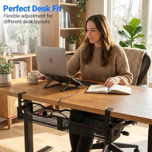 Under Desk Cable Management Tray - 25" No Drill Under Desk Cord Management with Clamp, Metal Desk Cable Organizer & Wire Management Tray for Standing Desk, Home Office Cord Organizer, Black - Image 4