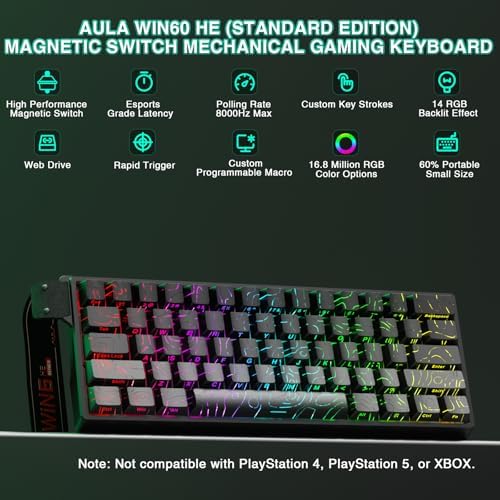 Aula WIN60 HE - 60% Mechanical Gaming Keyboard Wired, Hall Effect Magnetic Switch Hot Swappable, Adjustable Actuation RT Mode, 8000 Hz Polling Rate, RGB Keyboard 60 Percent Compact Design for PC - Image 2