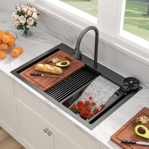 Sarlai 33 Inch Black Waterfall Kitchen Sink Drop In - 33x22 Inch Drop In Waterfall Sink Ledge Workstation Black Stainless Steel 16 Guage Single Bowl Kitchen Basin with Faucet - Image 2