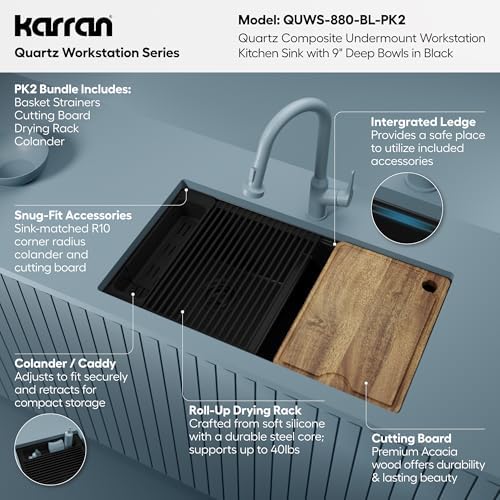 Karran 32.5 Inch Undermount Quartz Composite Workstation Kitchen Sink, 50/50 Double Bowl Low Divide with Color Matched Accessories, Cutting Board, Drying Mat, Colander & Strainers Black - Image 3