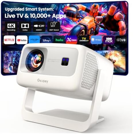 [5000 ANSI/10,000+ Apps/Live TV/65W Dolby] Outdoor-4K-Projector with WiFi and Bluetooth, AI Auto Focus & Keystone, HDR10+, All-in-One Streaming, Upgraded GO2 White Short Throw Projector with 360°Stand by Goiaey