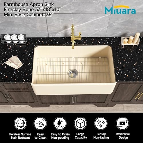 Miuara Farmhouse Sink 33 x 18 Inch Bone Fireclay Apron Front Kitchen Sink - Image 2