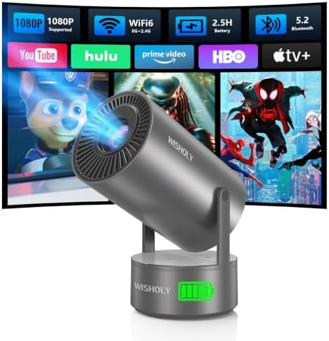 Portable Projector with Built-in Apps & Rechargeable Battery, Mini Projector with WiFi and Bluetooth, Electric Focus, Auto Keystone, 210° Rotatable Stand for Outdoor Movies & Travel( Iron Gray) by WISHOLY