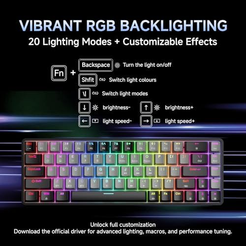DIERYA DK68 60% Wireless Mechanical Gaming Keyboard, 3-Mode, Bluetooth 5.0/2.4G/USB-C, RGB Backlit, 68-Key Compact Mini for Windows, Mac, Linux - Linear Red Switch - Black/Grey - Image 5