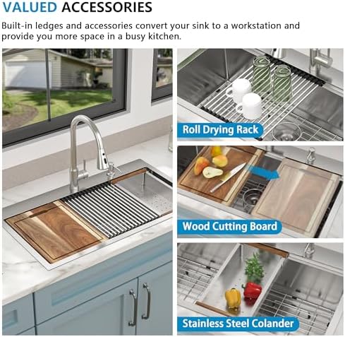 33 Kitchen Sink Drop In - Fulorni 33"x19" Ledge Workstation Top Mount 16 Gauge 304 Stainless Steel Over Mount Single Bowl Sink Basin with Faucet, Soap Dispenser - Image 6