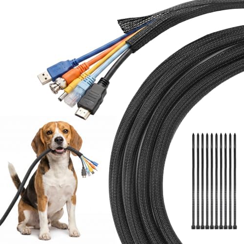 Delamu 10ft - 1/2 inch Cable Sleeve Cord Protector from Pets No Chew, Split-Braided PVC Wire Loom Tubing for Desk Computer USB TV Cord Organizer, Easy Set-up Cable Management Sleeve Kit, Black by DELAMU