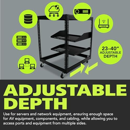 Pearington 12U Open Frame Server Rack, 23''-40'' Adjustable Depth, Free Standing or Wall Mount, 4 Post AV Rack with Casters, Holds Networking IT Equipment AV Gear Router Modem - Image 3