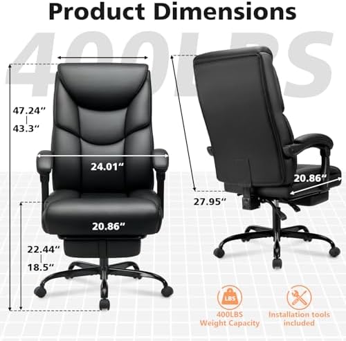 WAILOR 400lbs Office Chair with Foot Rest, Reclining Big and Tall Office Chair with Lumbar Support Spring Cushion, High Back PU Leather Computer Chair,Comfy Desk Chair for Home Office - Image 3