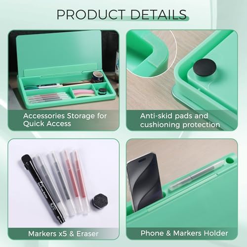 TOWON Compact Glass Desktop Whiteboard with Storage 12x7 in, Mint Green - Image 3