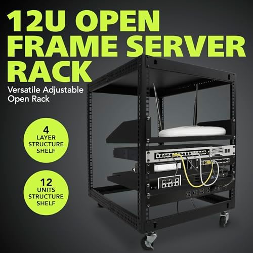 Pearington 12U Open Frame Server Rack, 23''-40'' Adjustable Depth, Free Standing or Wall Mount, 4 Post AV Rack with Casters, Holds Networking IT Equipment AV Gear Router Modem - Image 2