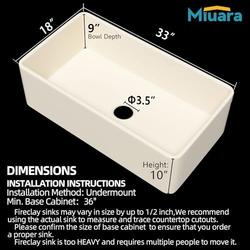 Miuara Farmhouse Sink 33 x 18 Inch Bone Fireclay Apron Front Kitchen Sink - Image 3