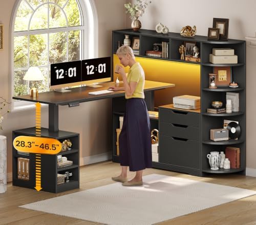 SEDETA 59" L Shaped Standing Desk with 3 Drawers Storage and Bookshelves - Image 3