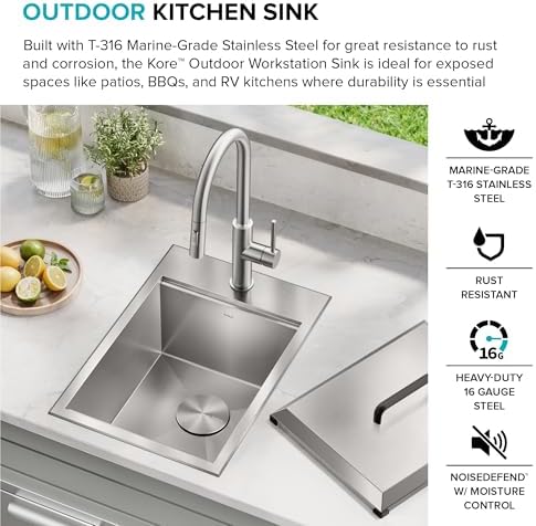 KRAUS Kore 15-inch Outdoor Drop In/Top Mount 16-Gauge Marine Grade T-316 Stainless Steel Single Bowl Workstation Kitchen Sink with Outdoor Sink Cover, KCA-1801 - Image 2