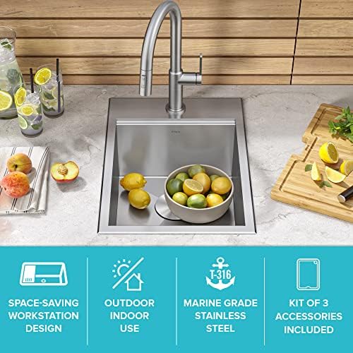 Kraus KWT311-15-316 Kore Outdoor Workstation Drop-In 16 Gauge Marine Grade T-316 Stainless Steel Single Bowl Kitchen Bar Sink with Accessories, 15 x 22 inch - Image 2