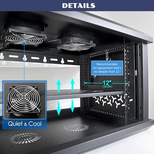 12U Wall Mount Server Cabinet with A Lockable Front Vented Door, Cooling Fans, Removable Side Panels - 45cm Depth, 19" Network Rack Including 2 PCS Full-Size Rack Shelves for IT Equipment - Image 3