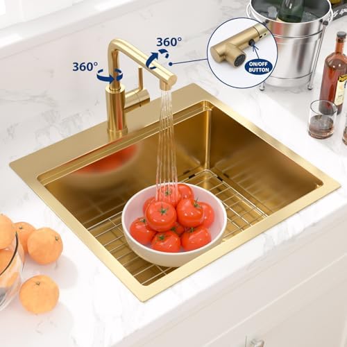 Sarlai 21 Gold Kitchen Sink with Faucet- 21x20 Inch Drop In Kitchen Sink Gold Ledge Workstation Sinks 16 Gauge Stainless Steel Single Bowl Topmount Sinks with Pull-out Faucet - Image 3