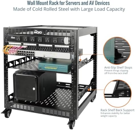 TECMOJO 12U Open Frame Network Rack for IT & AV Gear, 4-Post With Casters, Mobile With 2 PCS 1U Server Shelf & Mounting Hardware, for 19" Network, Audio and Video Device - Image 3