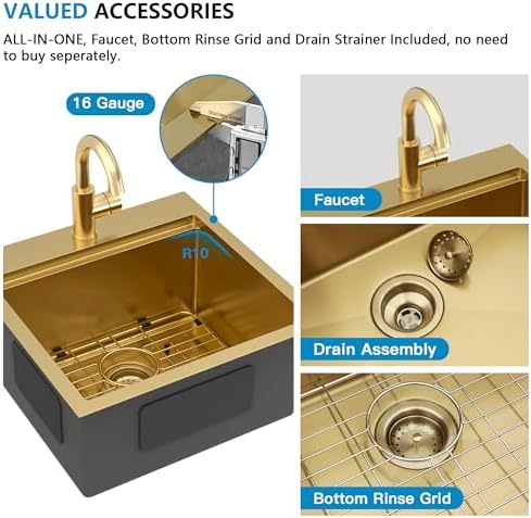 18"x18" Gold Bar Prep Sink Drop In Workstation with Faucet Combo - Image 7