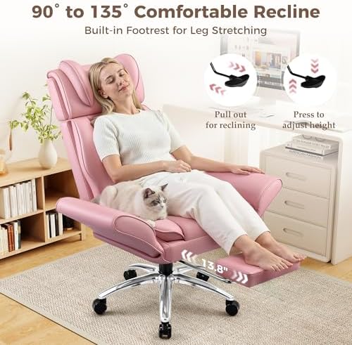 Big and Tall Office Chair, Flip Armrests for Pets & Cross Legged Sitting, Ergonomic Leather Executive Desk Chair with Foot Rest, High-Back Reclining Computer Chair for Home Gaming, Peach Pink - Image 6