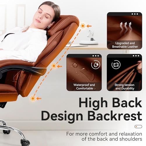 Office Chair, Executive Leather Office Chairs with Rocking Function, Big and Tall Ergonomic Computer Chair with Lumbar Support Flip-Up Armrests, Comfortable Gaming Chairs for Home Ofiice - Image 4