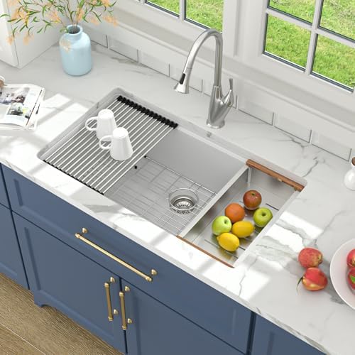 Lordear 32 Granite Composite Kitchen Sink Undermount 32"x19" White Kitchen Sink Deep Single Bowl Under Counter Workstation Sinks with Accessories - Image 3