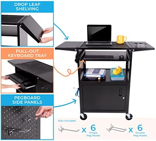Line Leader Stellar AV Cart - Computer Cart with Customizable Pegboard & Hooks, Locking Cabinet and Tray, UL Certified Power, Mobile Workstation with Locking Wheels, Ideal for Laptop & Charger Storage - Image 3