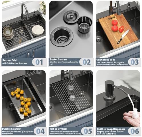 33 x 22 Black Kitchen Sink Drop In Stainless Double Bowl Workstation - Image 6