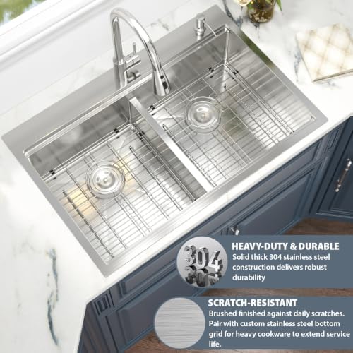 33 x 22 Drop In Kitchen Sink Double Bowl Stainless Steel Sinks Low Divide - Image 4