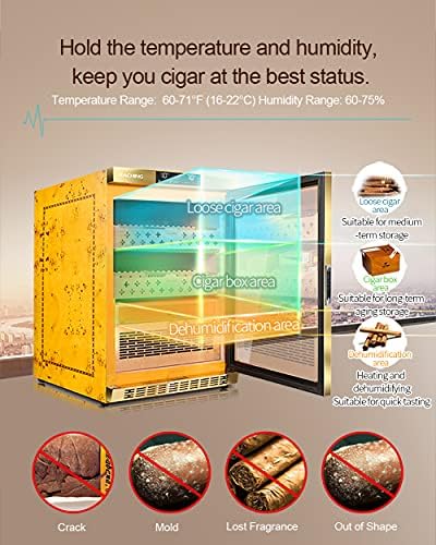 RACHING Cigar Humidor Cabinet, MON800 Cigar Climate Control Cabinet with Ammonia Removal, 140L Wood Frame Cabinet for Cigar Storing&Aging - Gold - Image 4