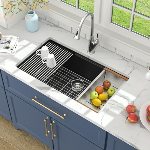 Lordear 33 Black Kitchen Sink Granite Composite Undermount Sink 33x19 Inch Quartz Composite Black Deep Single Bowl Workstation Undermount Kitchen Sinks - Image 4