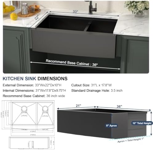 Lordear 33 Inch Kitchen Sink Apront Front Workstation Low Divide Double - Image 5