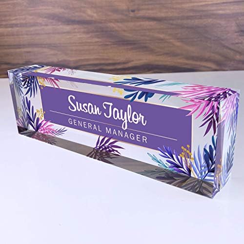 Artblox Office Desk Name Plate Personalized | Custom Name Plates for Desks | Purple Leaf Design On Clear Acrylic Glass | Office Desk Decor - (8" x 2.5") by Artblox
