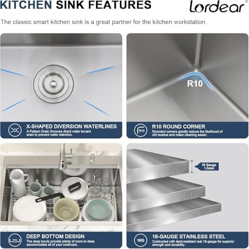 Lordear 33 Inch Drop In Kitchen Sink Workstation All In One SUS304 16 Gauge Stainless Steel 33x22 Drop In Sinks Single Bowl Handmade Above the Counter - Image 4