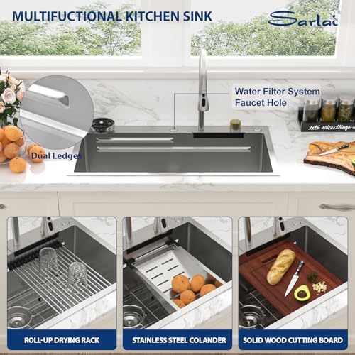 Sarlai Waterfall Kitchen Sink - 30 Inch Drop In Waterfall Workstation Kitchen Sink Stainless Steel 16 Gauge Topmount Single Bowl Multifunctional Top Mount Sinks with Faucet Combo 30x19x9 - Image 5