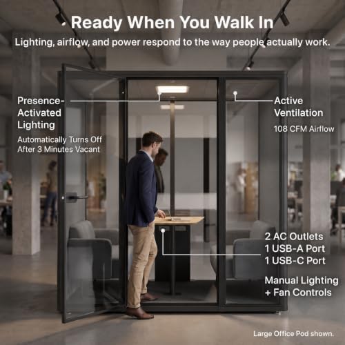 Uncaged Ergonomics Large Office Pod, 6-Person Acoustic Office Phone Booth with Ventilation, LED Lighting and Power, Black - Image 7