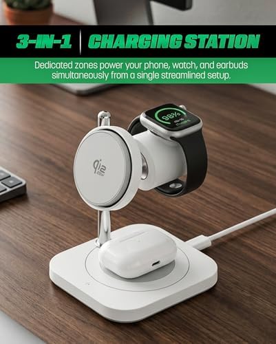 Galvanox Qi2.2 25W Magnetic Wireless Charging Stand for iPhone - 3 in 1 Charger Station (for iPhone, Apple Watch and AirPods) with Super Fast (45W) Wall Adapter (Compatible with MagSafe) - Image 2