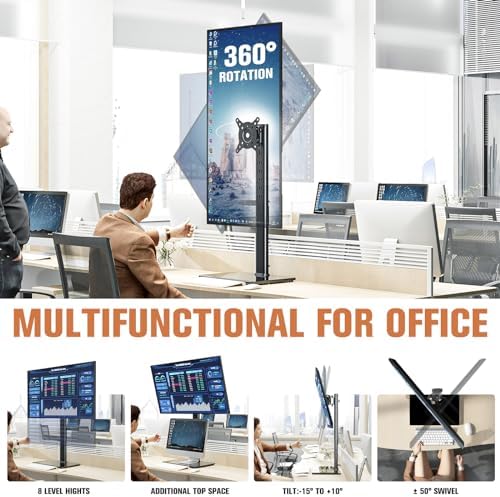 Single Monitor Stand Freestanding 27-43 Inch Monitor Arm Curved Screen Monitor Mount Tempered Glass Base Adjustable Motion Tilt -15° to 10° Swivel ±45° Rotation 360° Weight Capacity 77lbs HT05B-003 - Image 3