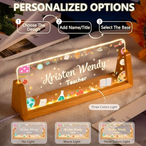 Personalized Teacher Desk Name Plate, Custom Light Up Acrylic Sign with LED Wood Base, Classroom Decor Gift for Teacher Appreciation, Back to School Office Plaque - Image 6