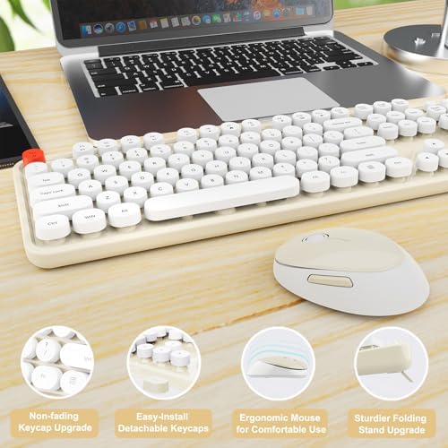Wireless Keyboard and Mouse Combo, Ergonomic Full Size Typewriter Retro Round Keycaps Keyboard, Compatible with Windows, PC, Perfer for Home and Office Keyboards (Beige - Image 6