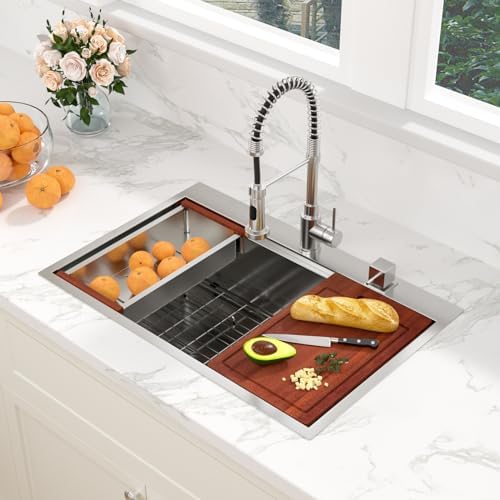 32 Kitchen Sink Drop In - Sarlai 32 x 22 Inch Stainless Steel Sink Topmount Ledge Workstation 16 Gauge Deep Single Bowl Overmount Kitchen Sinks Basin - Image 3