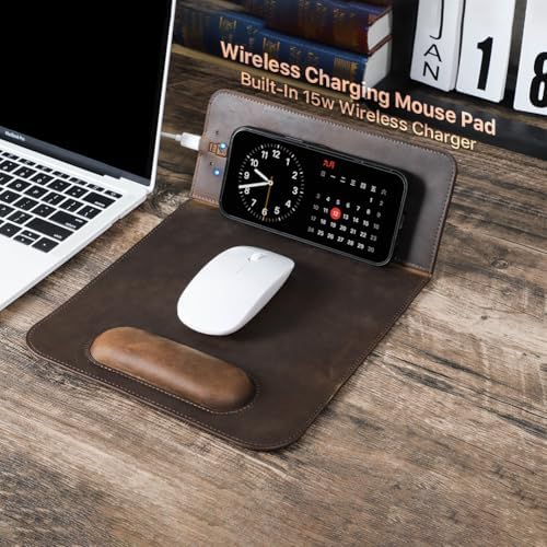 Hiram Premium Crazy Horse Leather Mouse Pad with 15W Wireless Charging - Ergonomic Wrist Rest, Waterproof, and High-End Cowhide Touch(9inx13in) - Image 4