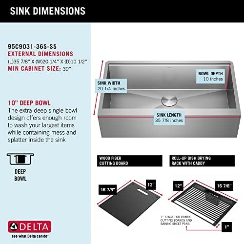 DELTA FAUCET Rivet 36-inch Workstation Farmhouse Apron Front Kitchen Sink Undermount 16 Gauge Stainless Steel Single Bowl with WorkFlow Ledge and Kit of 5 Accessories, 95C9031-36S-SS - Image 5