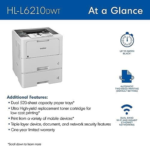 Brother HL-L6210DWT Business Monochrome Laser Printer with Dual Paper Trays, Wireless Networking, Works with Alexa, White - Image 4