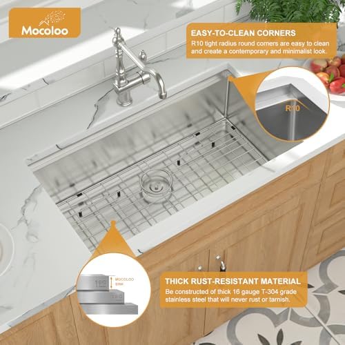 33 Undermount Kitchen Sink - Mocoloo 33 x 19 Undermount Sink Workstation Stainless Steel Kitchen Sinks 16 Gauge Single Bowl Handmade,10'' Deep Basin - Image 4
