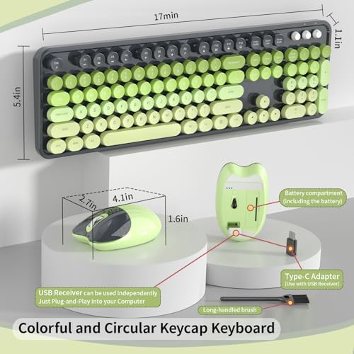 Wireless Keyboard and Mouse, MOFII 104 Round Keycaps Retro Typewriter with OTG & Brush, Full-Size Ergonomic, Ideal for Windows PC, Home, Office and College Gray Green - Image 5