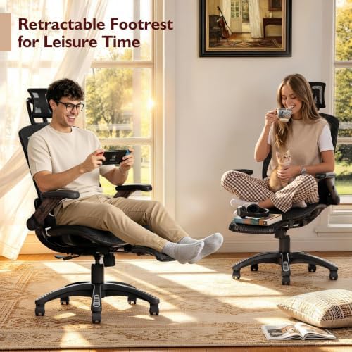 Ergonomic High-Back Office Chair with Footrest – Flip-Up Arms, 3D Headrest, 135° Recline, and Wide Mesh Seat with Lumbar Support. Rolling Swivel Task Chair for Gaming or Work, Sturdy, 300 LBS. - Image 4