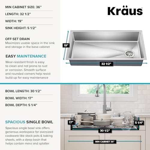 KRAUS Fairlane 33-inch ADA Compliant Undermount Single Bowl 18-Gauge Stainless Steel Kitchen Sink, KHU640-33-5.5 - Image 5